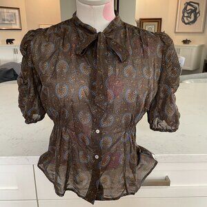 Paul Smith BLUE Gibo' Co. Spa SS Tie Neck Cotton Print Sheer Top Brown Blue 44
